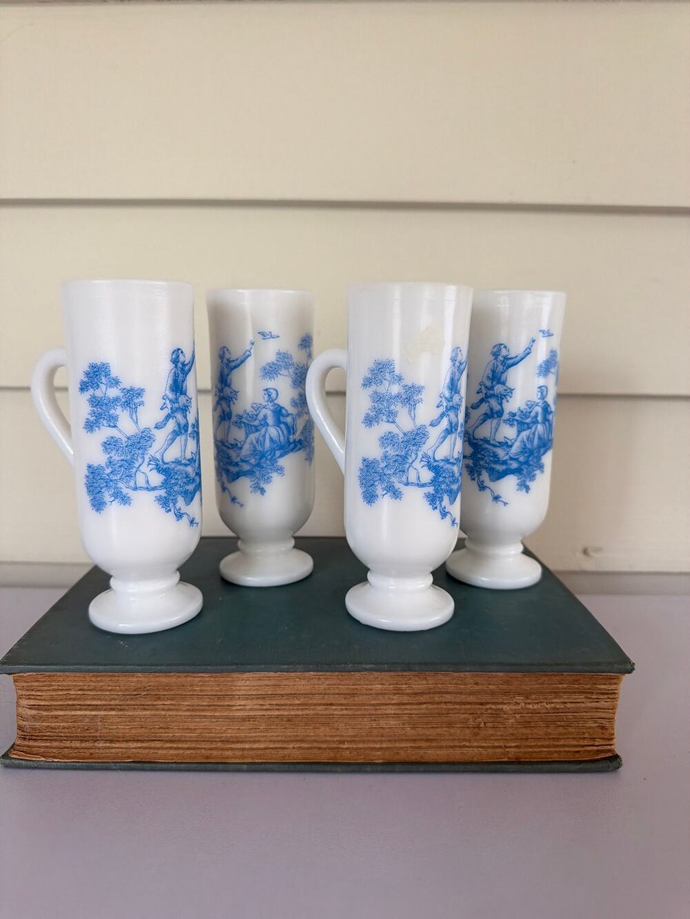 Vintage Blue Toile Milk Glass Mugs Set 4 Demitasse Espresso Cottagecore Floral
